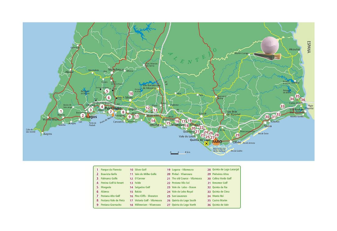 Detallado mapa de golf de Algarve
