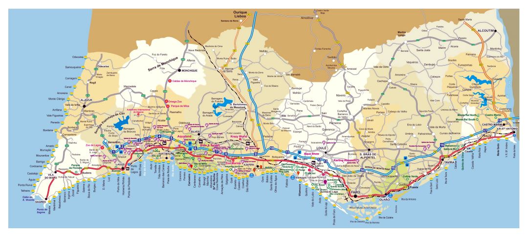 Grande detallado hoja de ruta de Algarve con ciudades y otras marcas