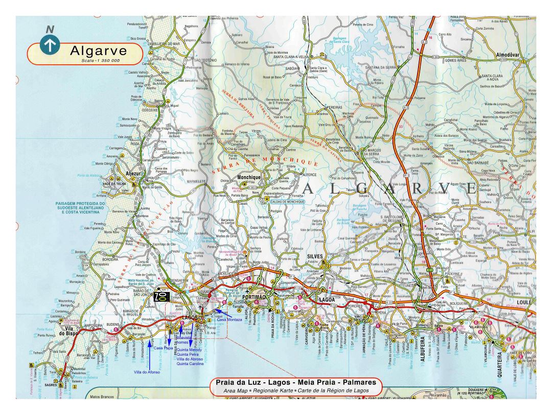 Grande detallado hoja de ruta de Algarve con otras marcas