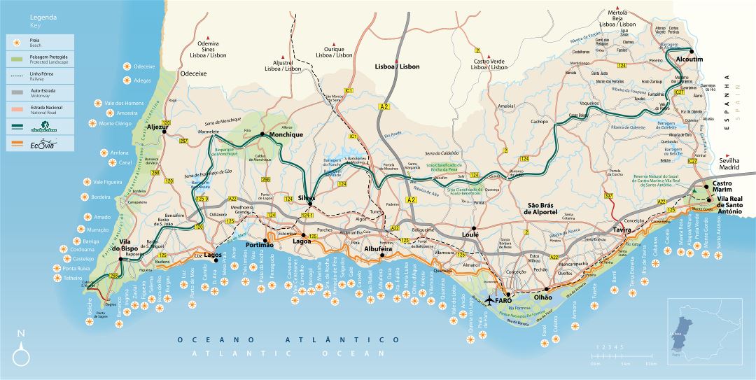 Grande detallado mapa de Algarve con carreteras, ciudades, playas y otras marcas