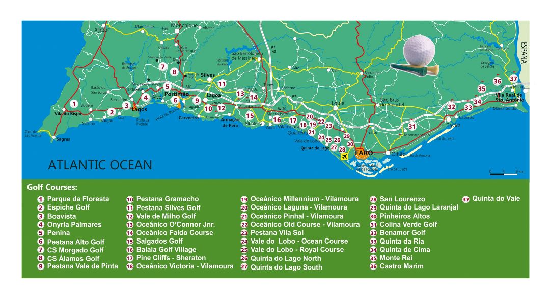 Grande detallado mapa de golf de Algarve