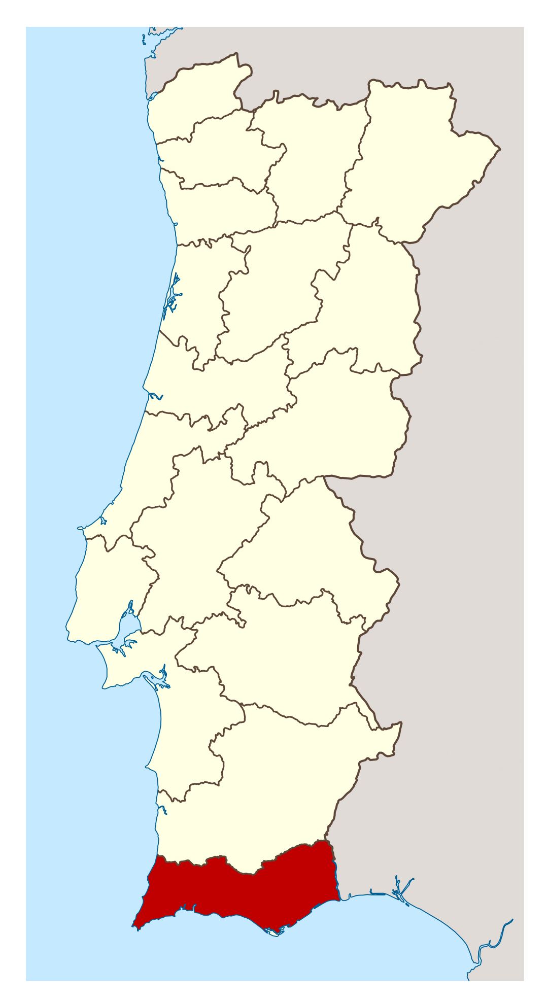 Grande detallado mapa ubicación de Algarve en Portugal