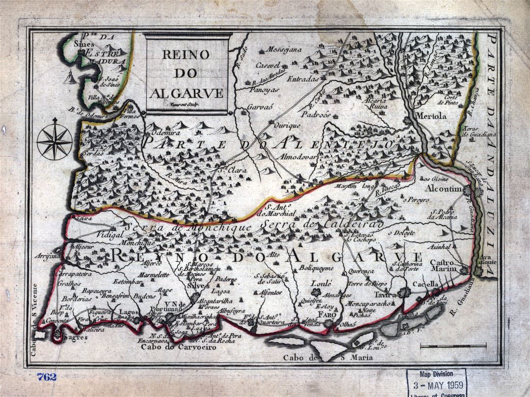 Grande detallado viejo antiguo mapa de Algarve con alivio, caminos y ciudades - 1730-1774