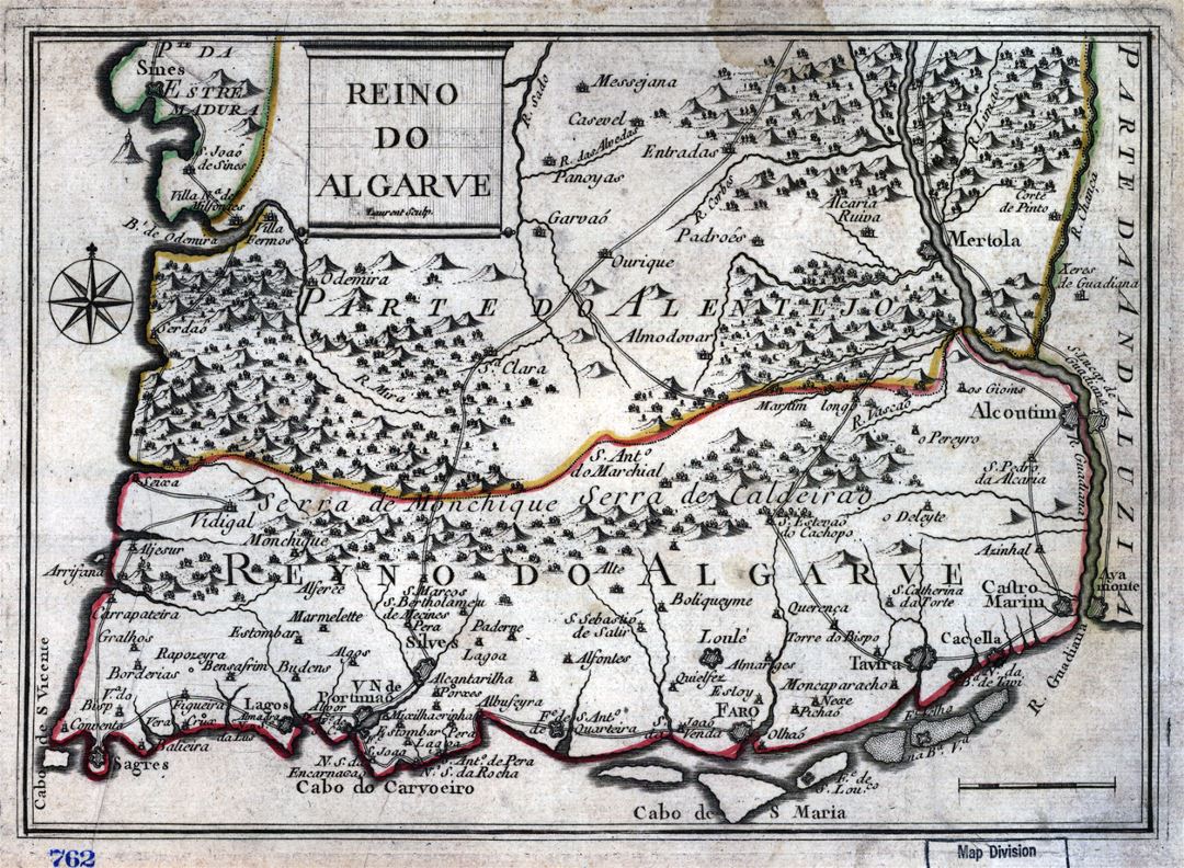 Grande mapa antiguo de Algarve con alivio y otras marcas - (1730-1774)