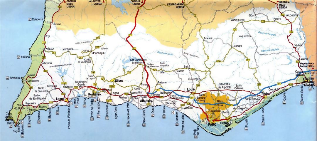 Grande mapa de Algarve con playas, carreteras y otras marcas