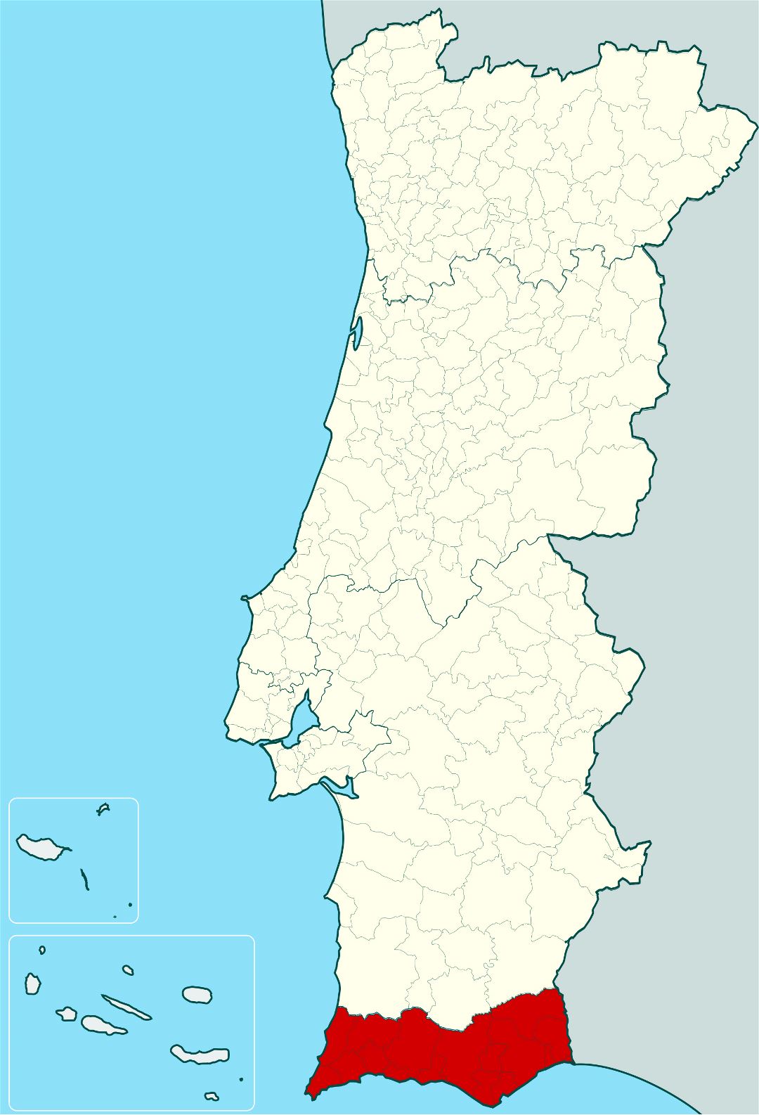Grande mapa de ubicación de Algarve en Portugal