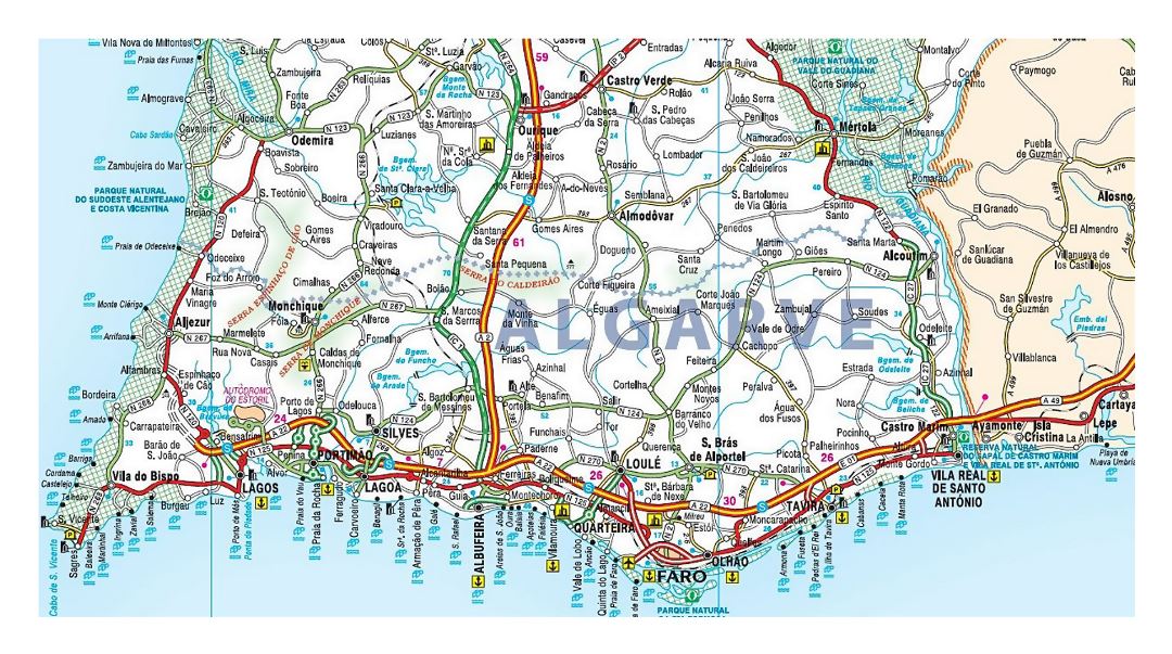 Hoja de ruta de Algarve con ciudades y aeropuertos