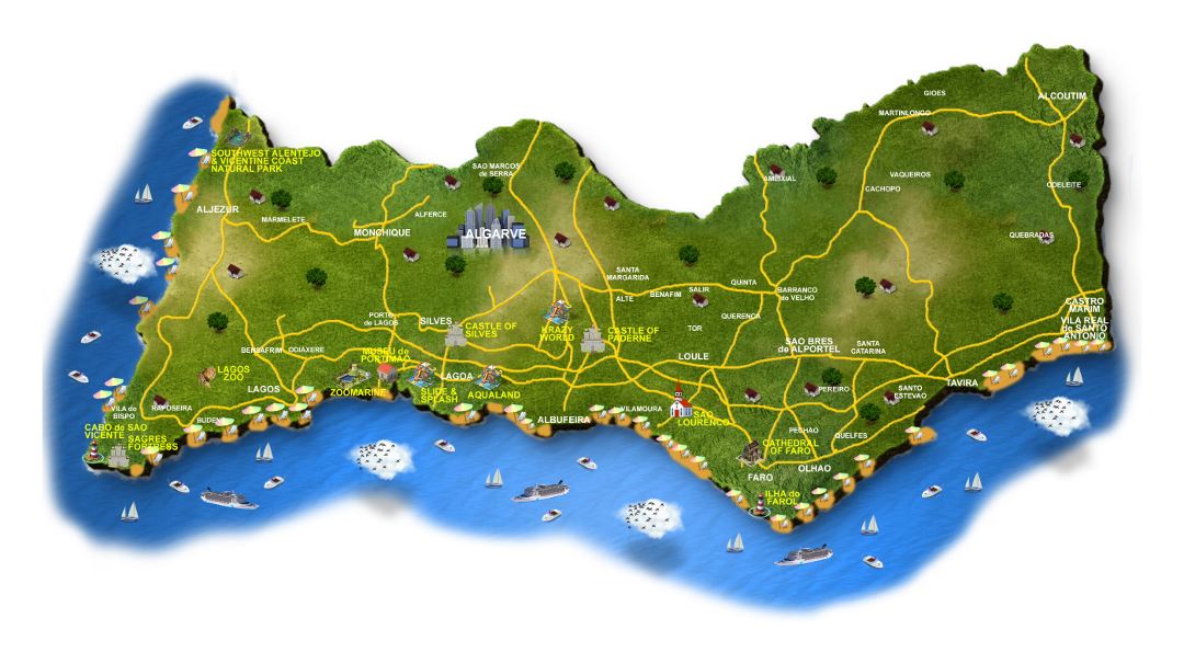 Mapa turístico de Algarve con caminos y ciudades