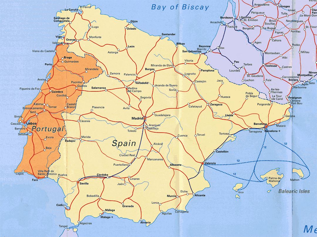 Carreteras mapa de Portugal y España, Portugal, Europa