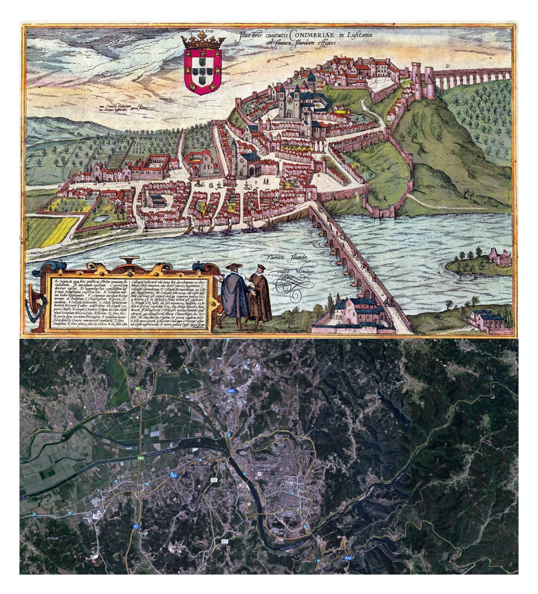 Detallado mapa antiguo y nuevo de la ciudad de Coimbra - 1598-2016