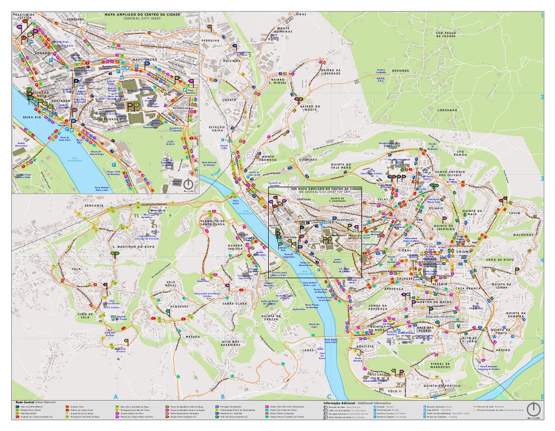 Grande detallado mapa turístico de parte central de ciudad de Coimbra