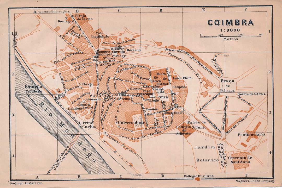 Grande mapa antiguo de la ciudad de Coimbra - 1908
