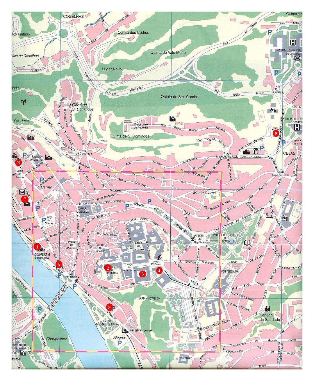 Grande viaje mapa de la ciudad de Coimbra