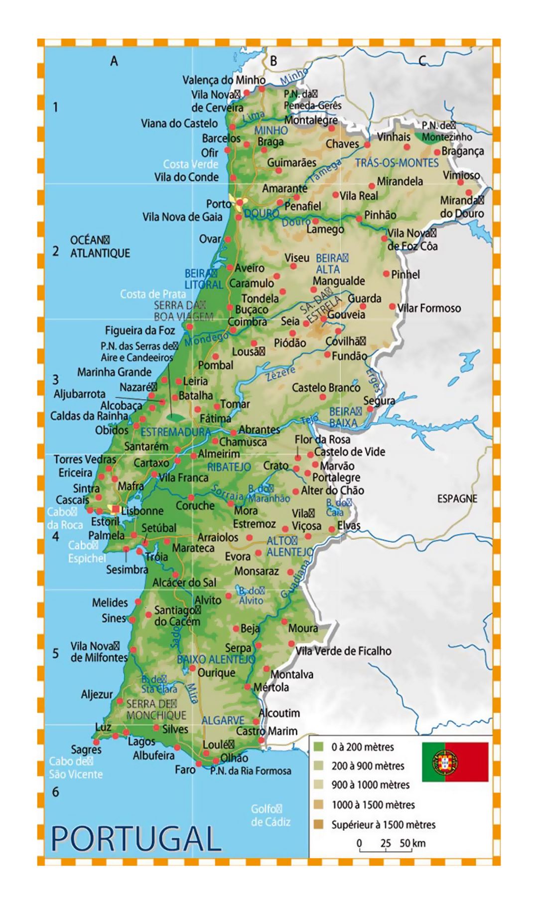 Detallado mapa de elevación de Portugal con ciudades