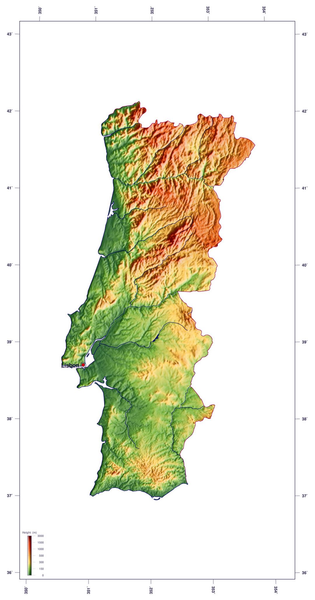 Detallado mapa de elevación de Portugal