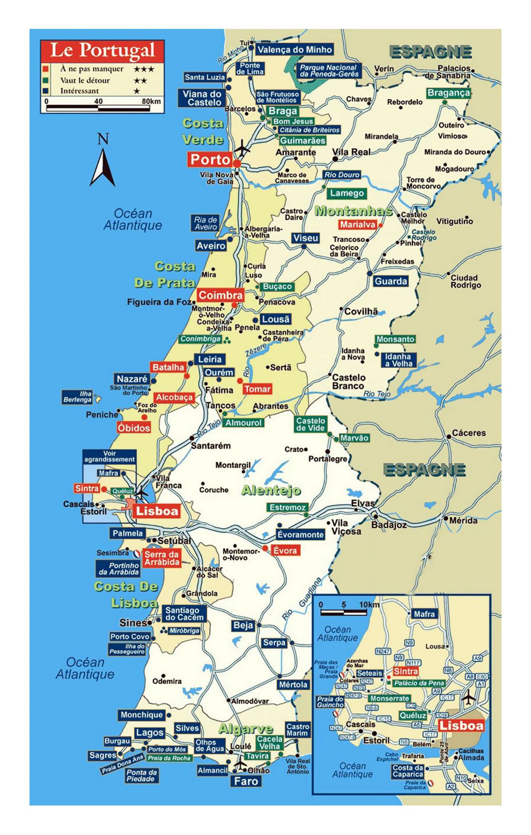 Detallado mapa de Portugal con carreteras y otras marcas