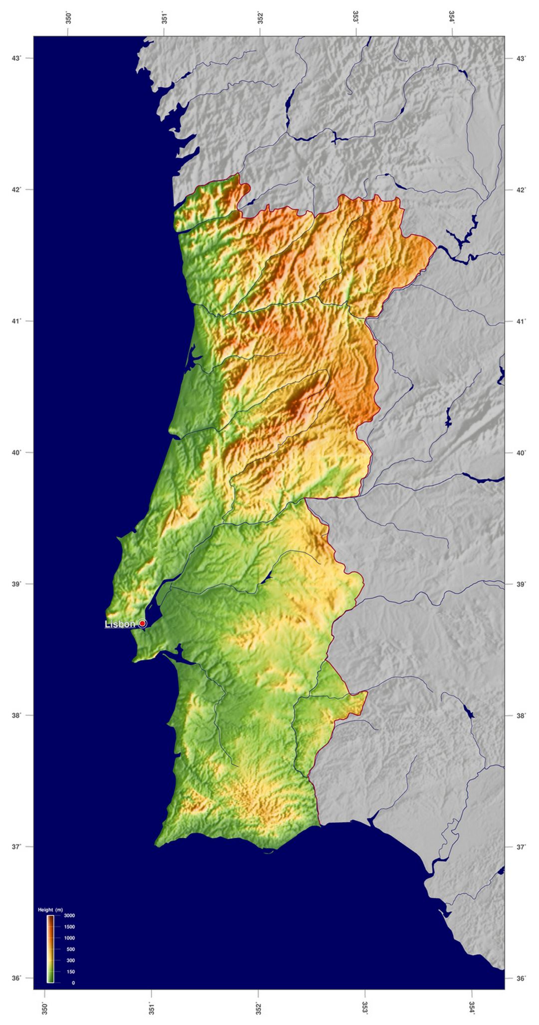 Detallado mapa físico de Portugal