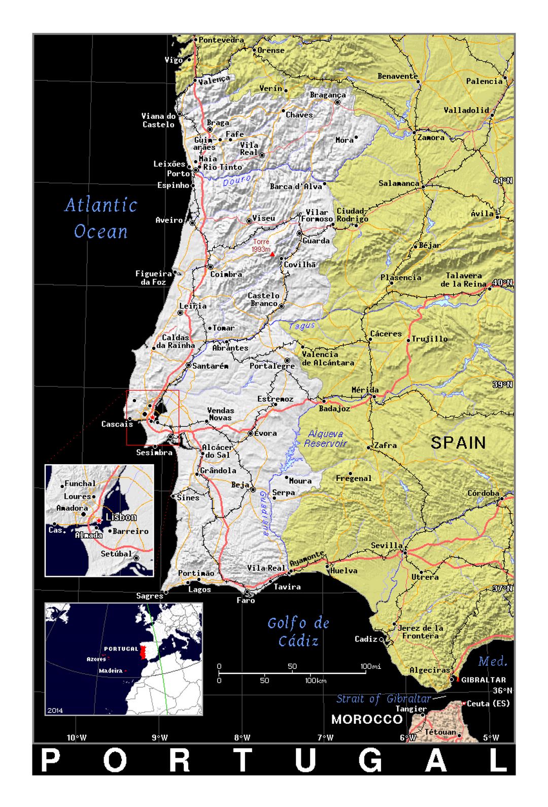 Detallado mapa político de Portugal con alivio en negro