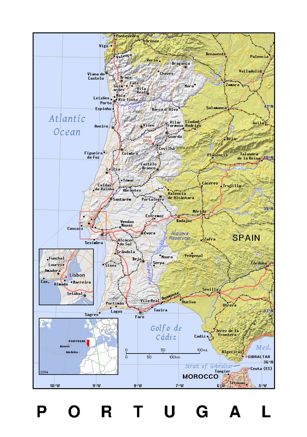 Detallado mapa político de Portugal con alivio, Portugal, Europa