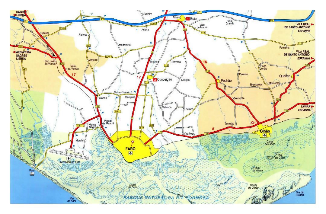 Detallado mapa topográfico de la ciudad de Faro y sus alrededores con otras marcas