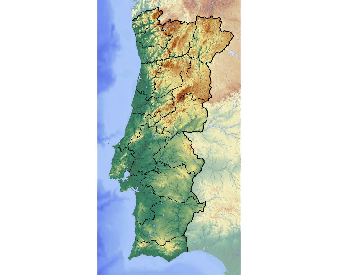 Detallado mapa político de Portugal con alivio, Portugal, Europa