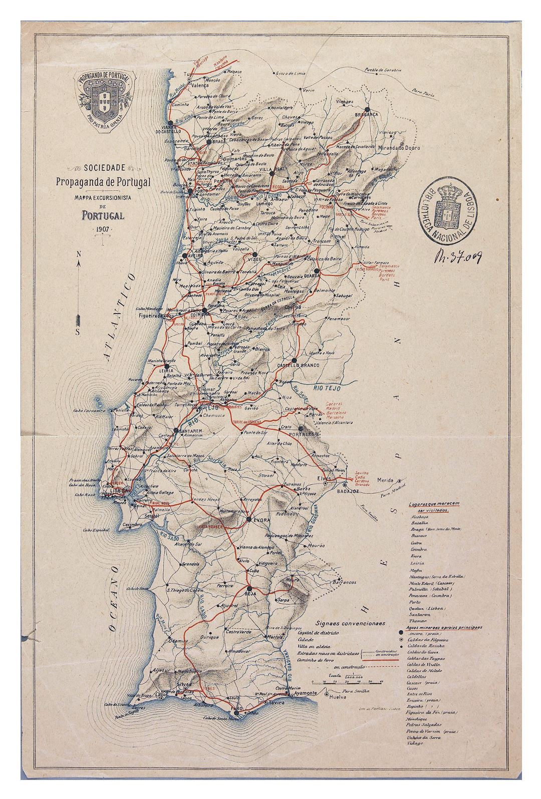 Grande detallado hoja de ruta antigua de Portugal con ciudades - 1907