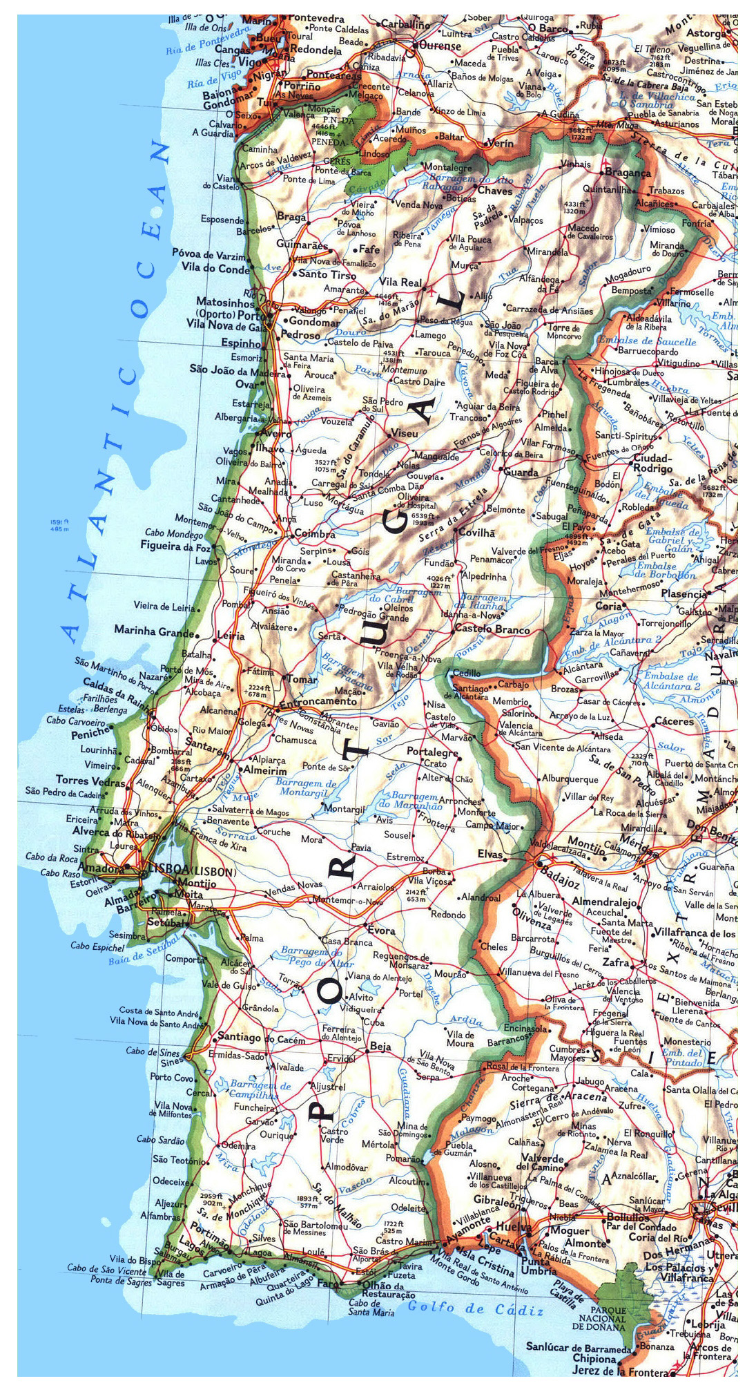 Grande Detallado Hoja De Ruta De Portugal Con Alivio Ciudades Y Grande Detallado Hoja De Ruta De Portugal Con Alivio Ciudades Y