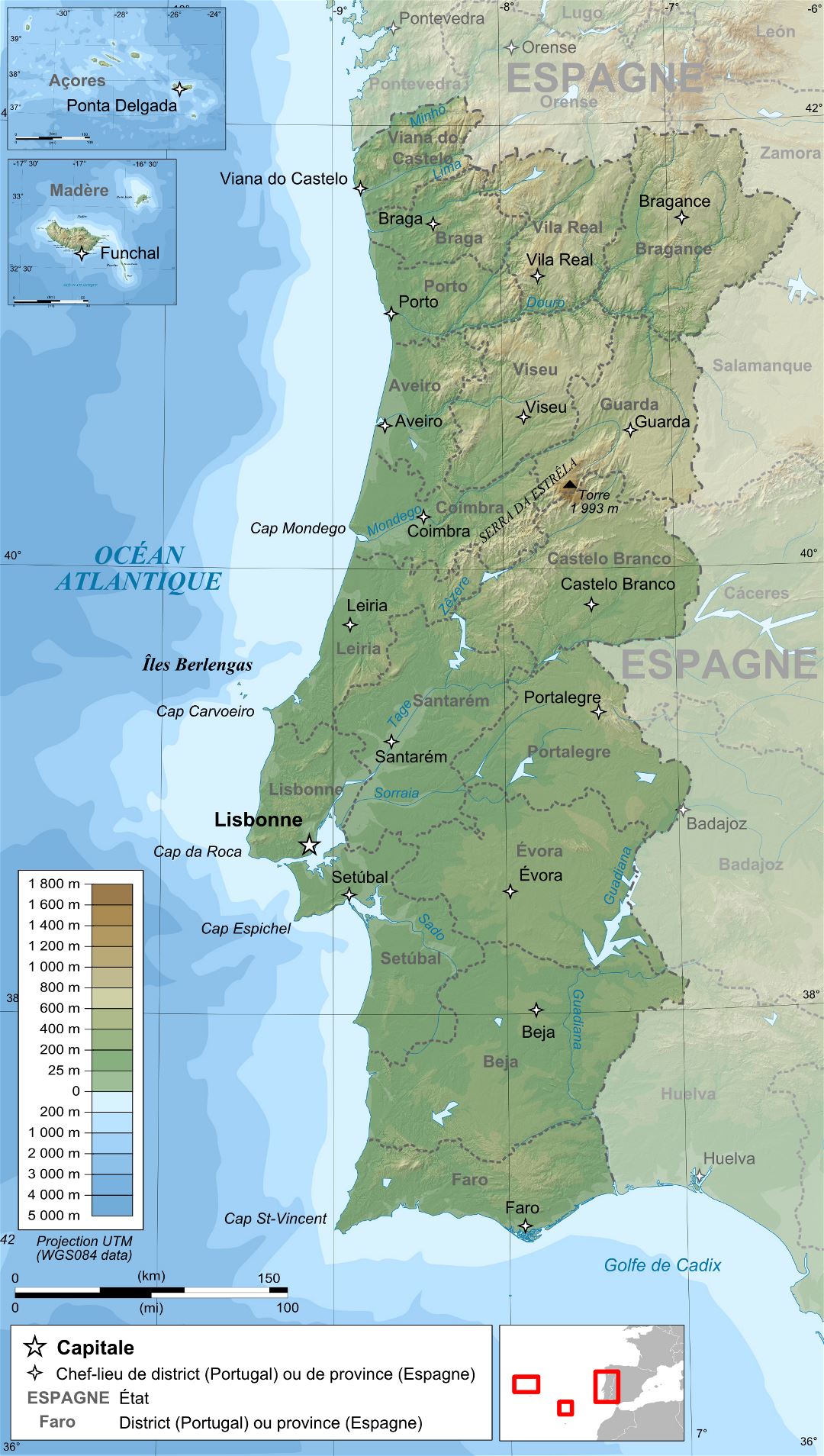 Grande detallado mapa físico de Portugal