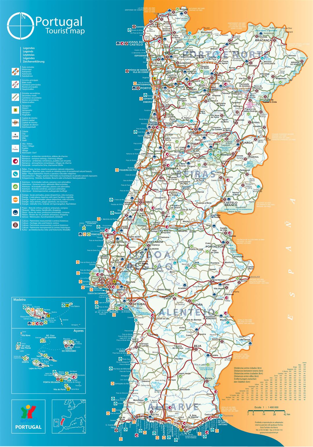 Grande detallado mapa turística de Portugal