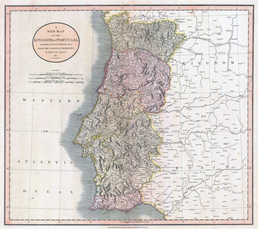 Grande detallado vieja mapa política y administrativa de Portugal con alivio, caminos y ciudades - 1811