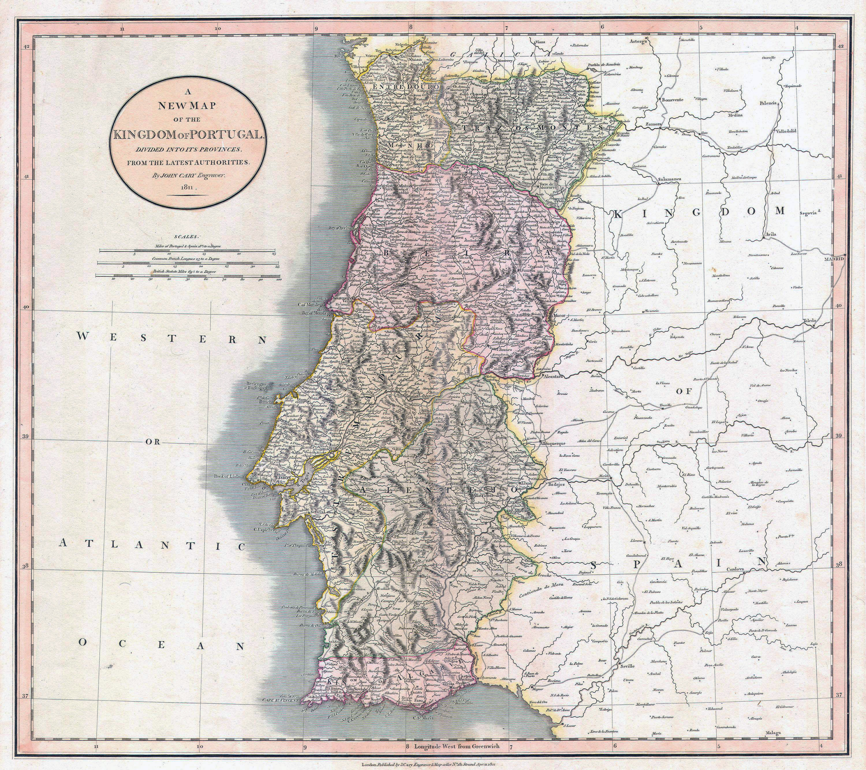 Grande detallado vieja mapa política y administrativa de Portugal con  alivio, caminos y ciudades - 1811, Portugal, Europa