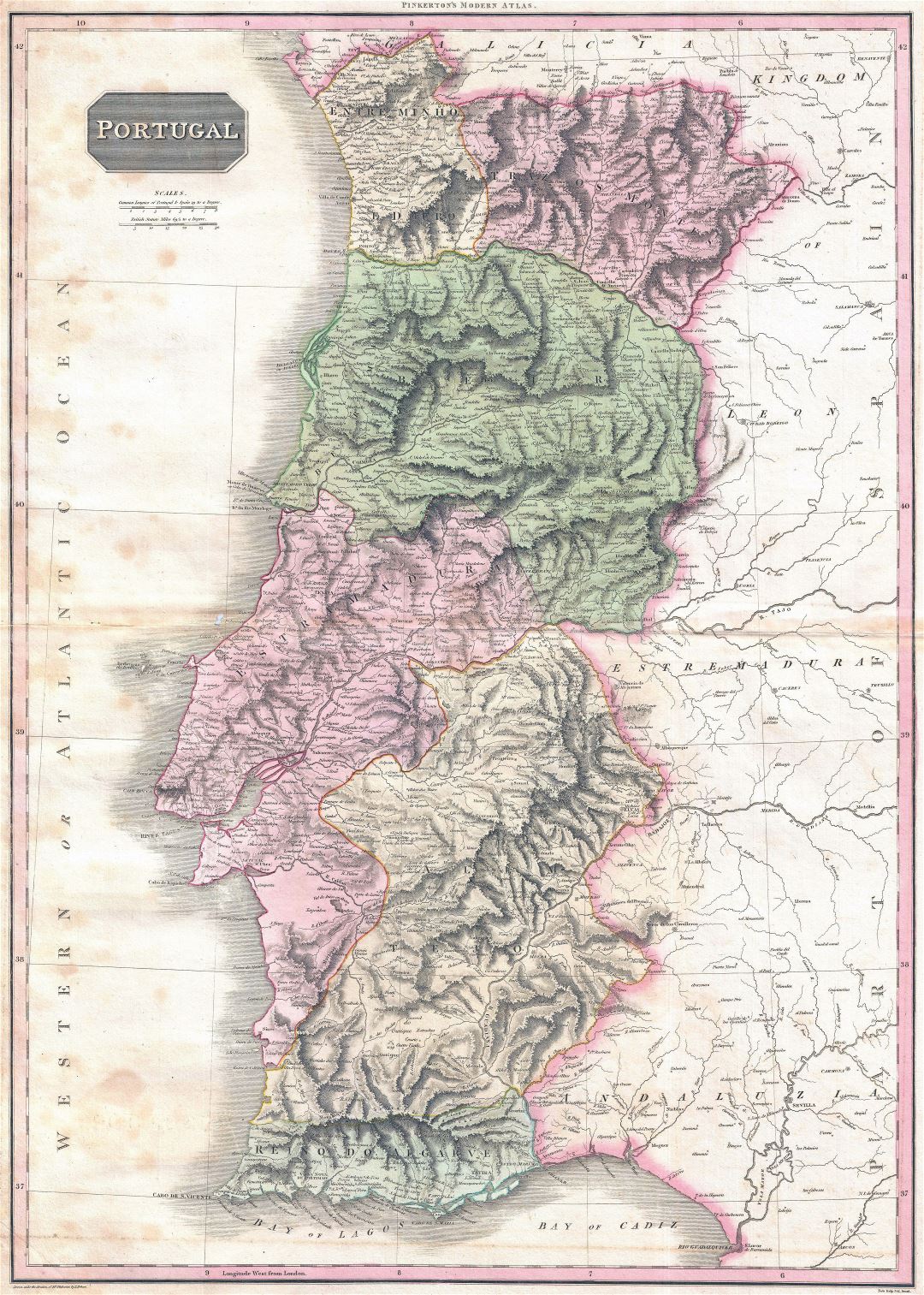 Grande detallado viejo mapa de Portugal con relieve, ríos, administrativas divisiones, ciudades, pueblos y aldeas - 1818
