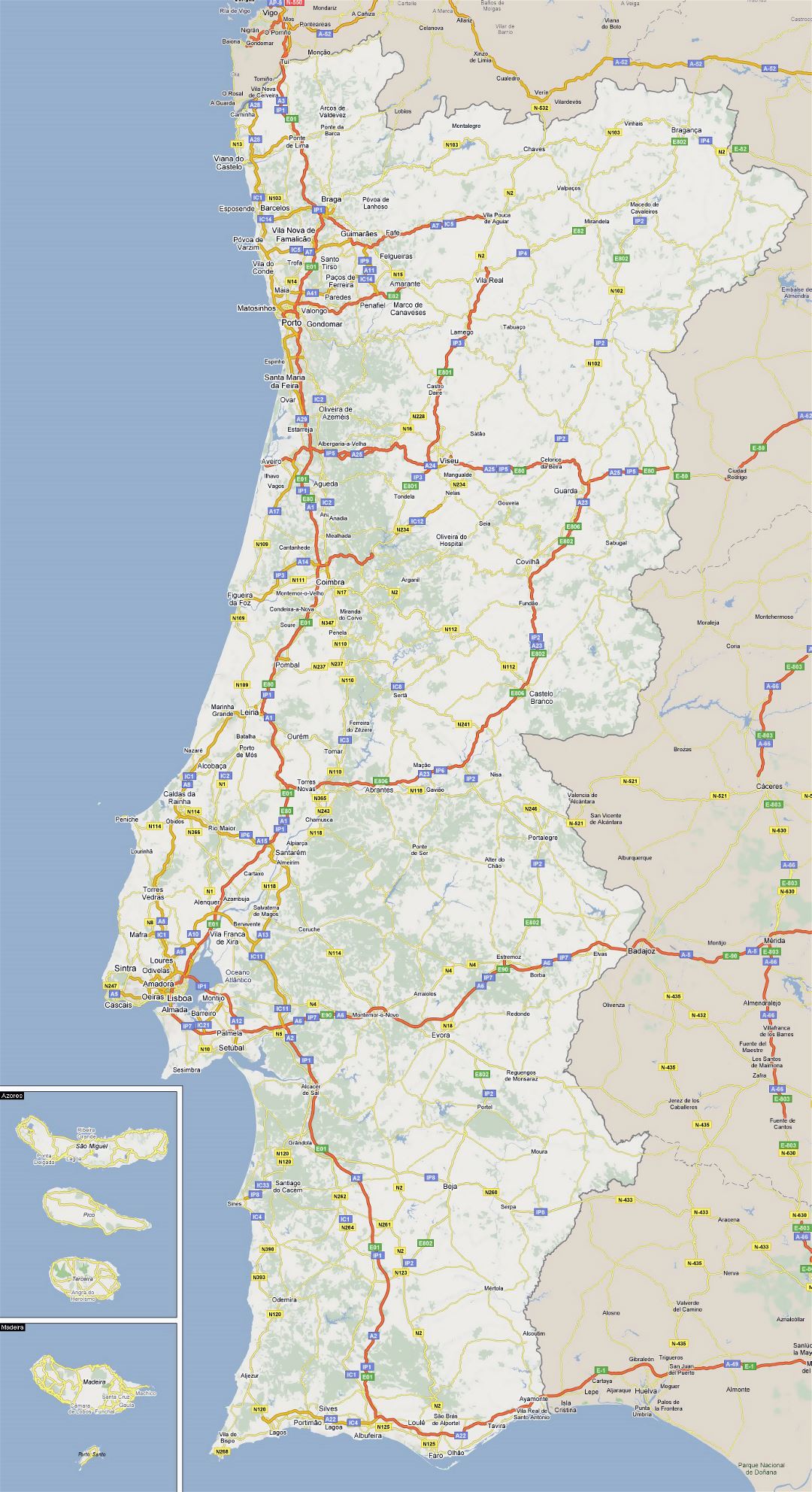 Grande mapa de carreteras de Portugal con ciudades