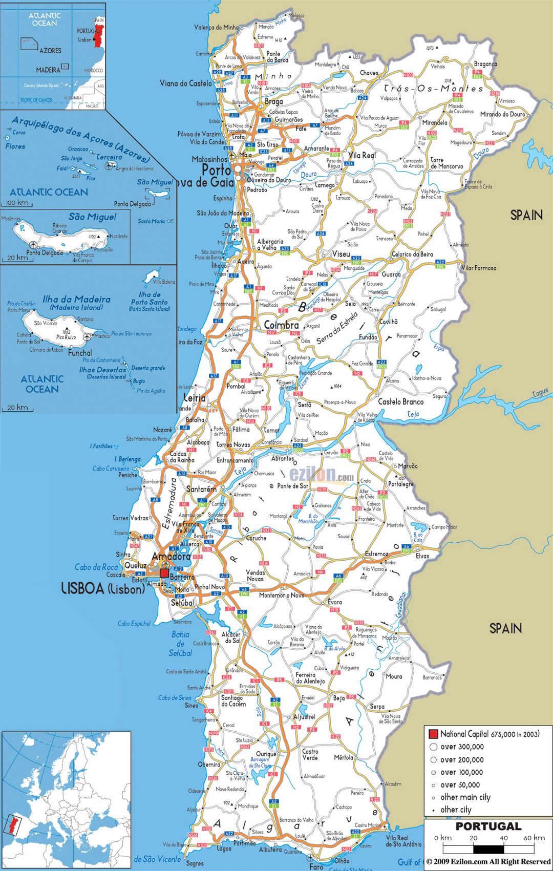Grande mapa de carreteras de Portugal con ciudades y aeropuertos