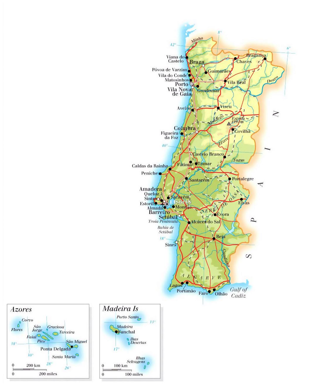 Grande mapa de elevación de Portugal con carreteras, ciudades y aeropuertos
