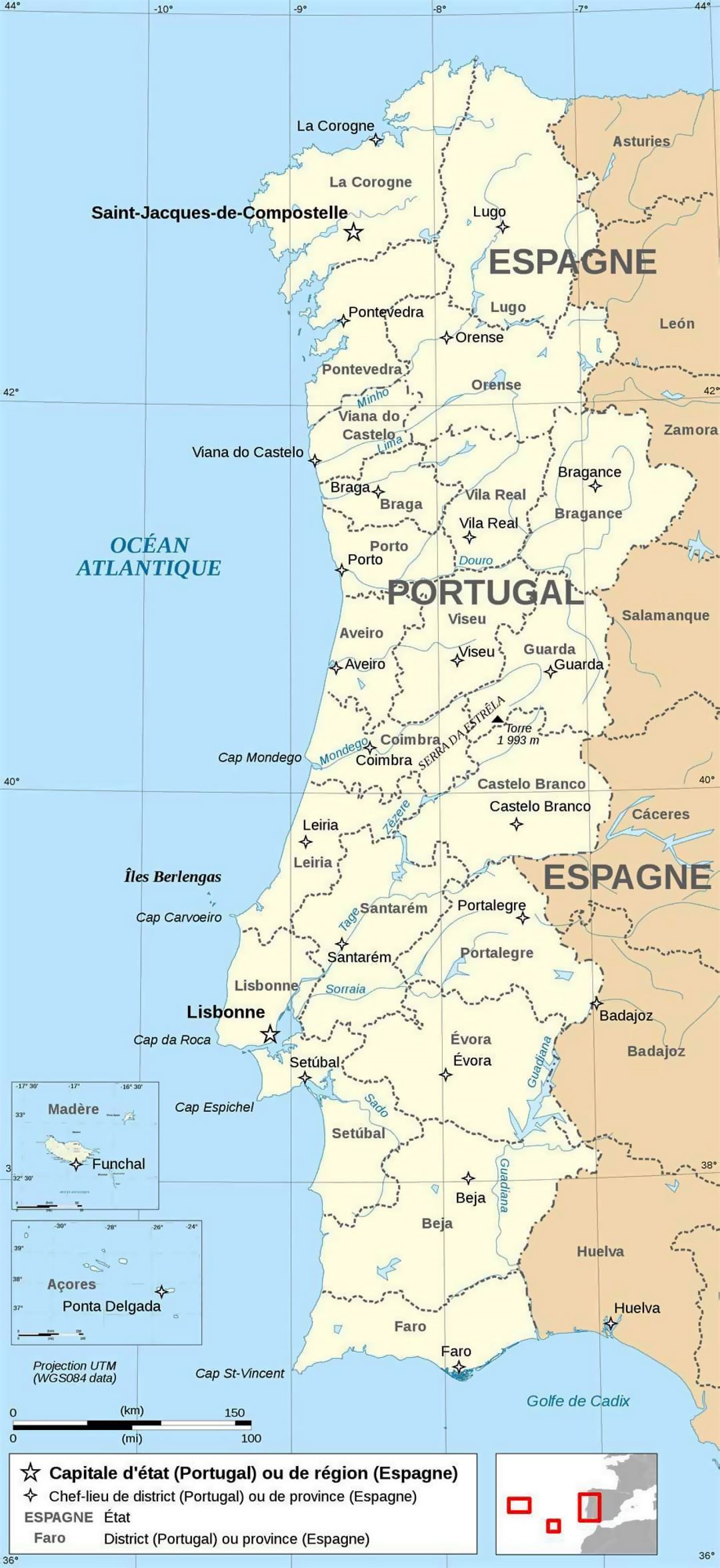 Grande mapa político y administrativo de Portugal con principales ciudades