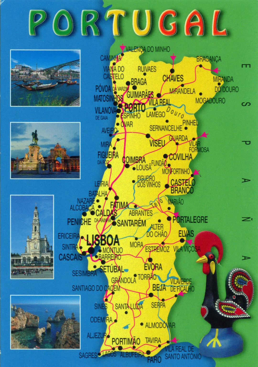 Grande mapa turístico de Portugal con caminos y ciudades
