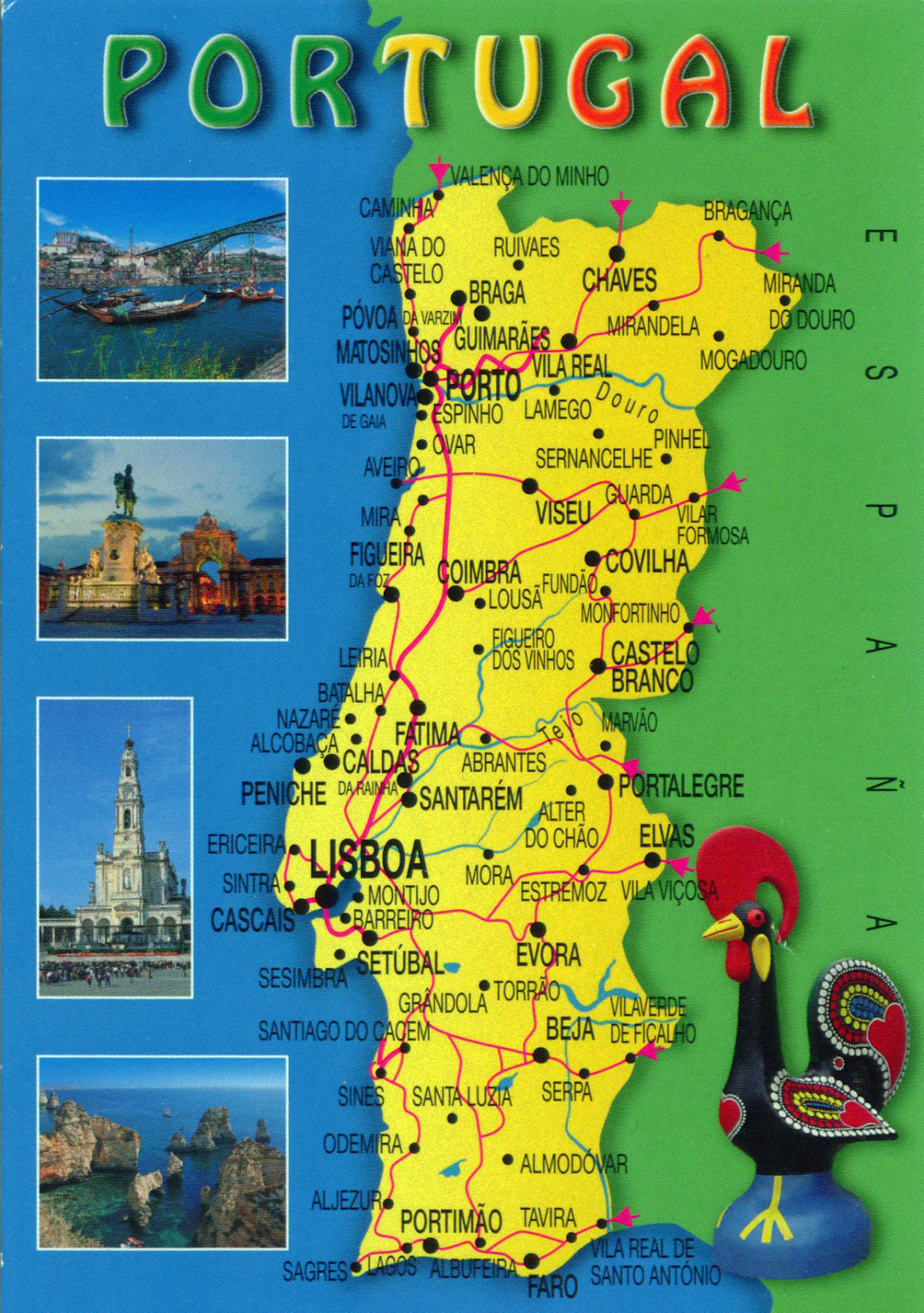 Grande mapa turístico de Portugal con caminos y ciudades, Portugal, Europa