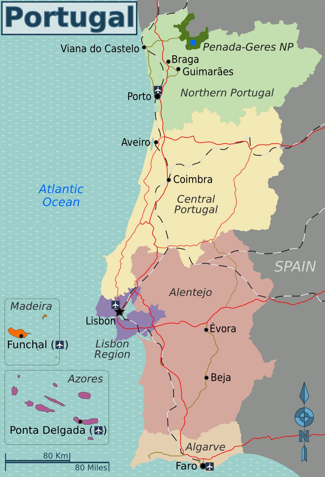 Grande regiones mapa de Portugal