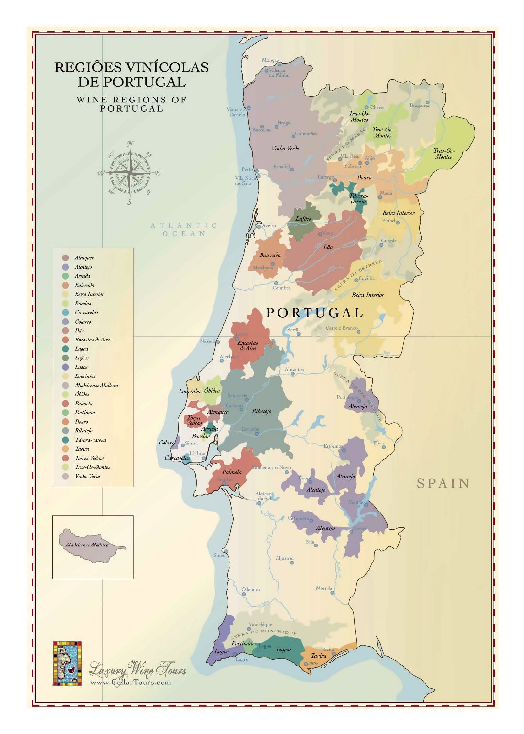 Grande regiones vinícolas mapa de Portugal