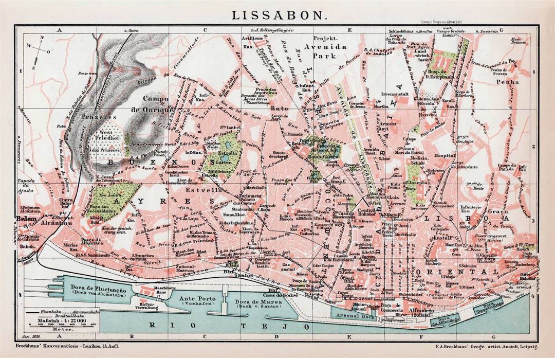 Detallado viejo mapa de la ciudad de Lisboa - 1892