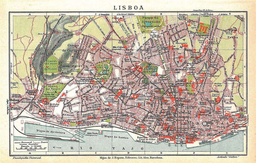 Detallado viejo mapa de la ciudad de Lisboa