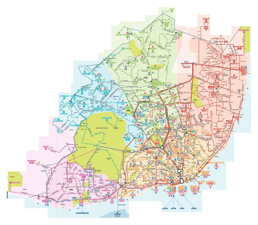 Grande detallado transporte público mapa de Lisboa
