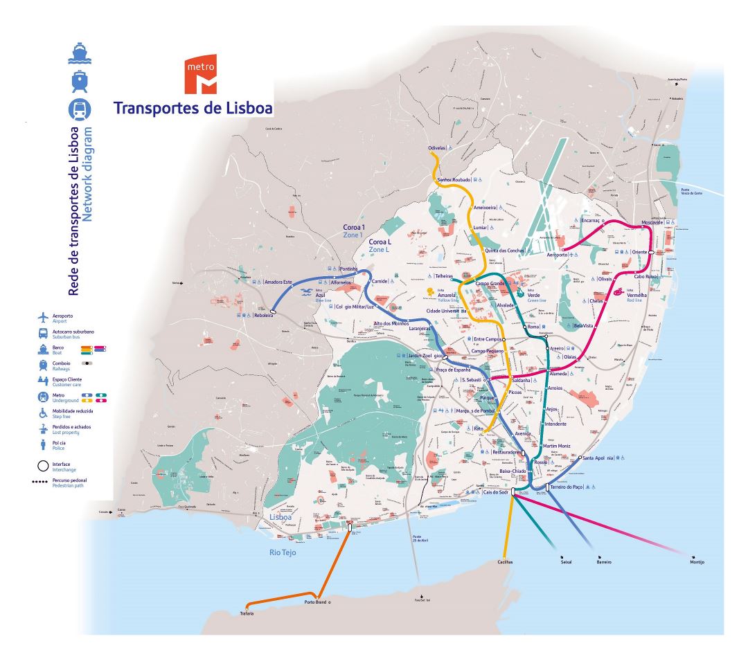 Grande mapa de transporte de Lisboa