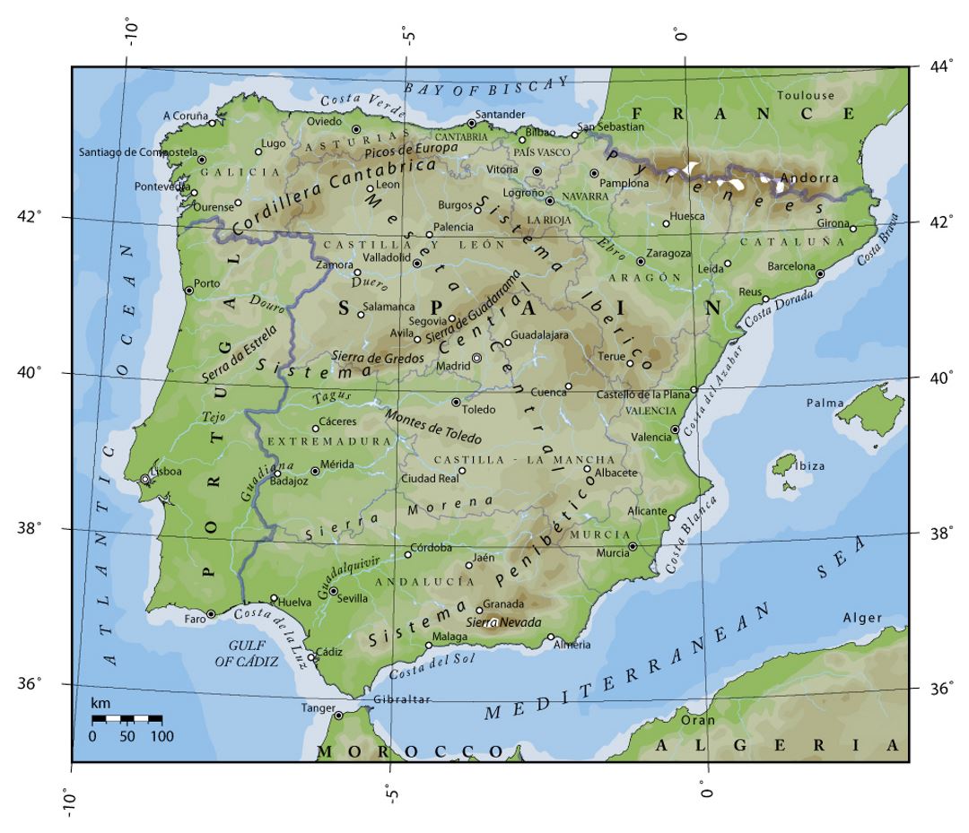 Mapa de elevación de Portugal y España