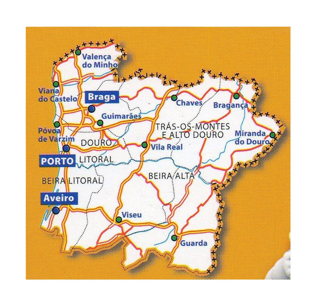 Detallado mapa de Norte de Portugal con ciudades y carreteras
