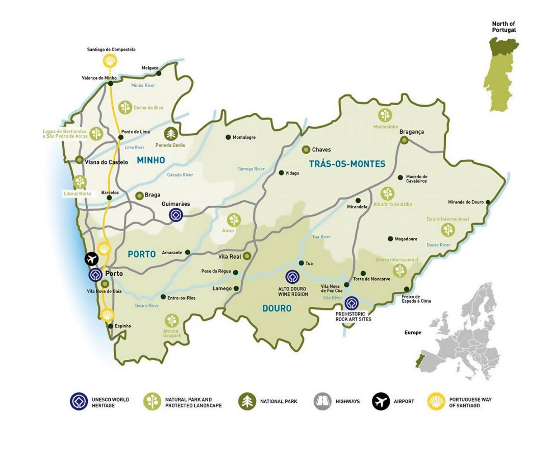 Detallado mapa de Norte de Portugal con puntos de la UNESCO, parques naturales y paisajes protegidos, parques nacionales, carreteras, aeropuertos y otras