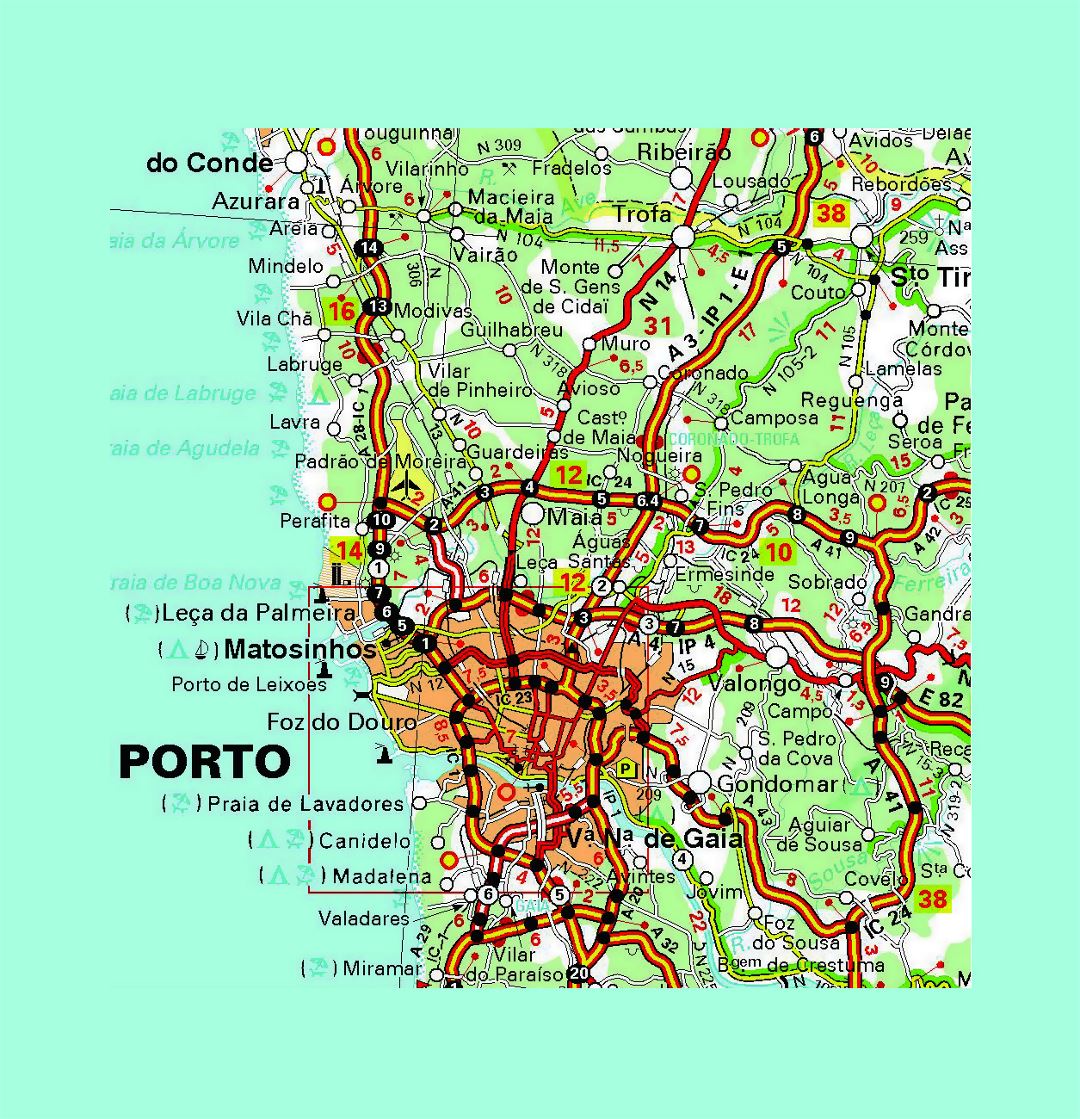 Detallado carreteras mapa de la ciudad de Oporto y sus alrededores con otras marcas