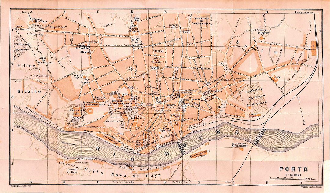 Grande mapa antiguo de la ciudad de Oporto - 1908