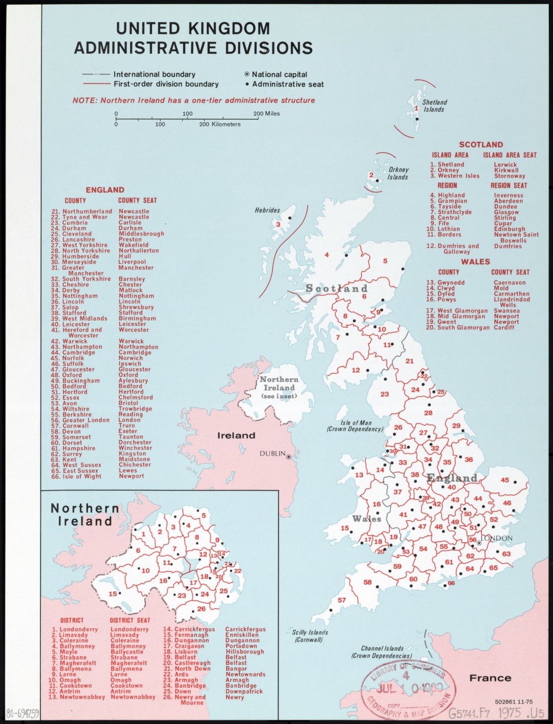 A gran escala mapa de administrativas divisiones del Reino Unido - 1975